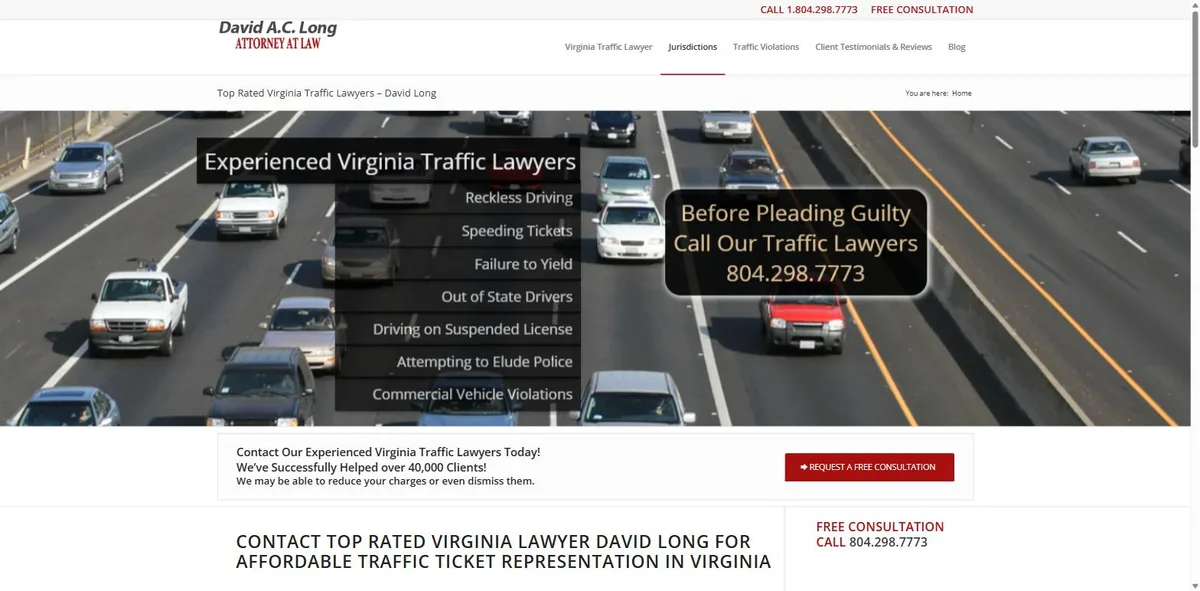 Website of David A.C. Long, Attorney at Law P.C., the Virginia traffic and criminal defense firm whose search program Savo Group has run since 2013