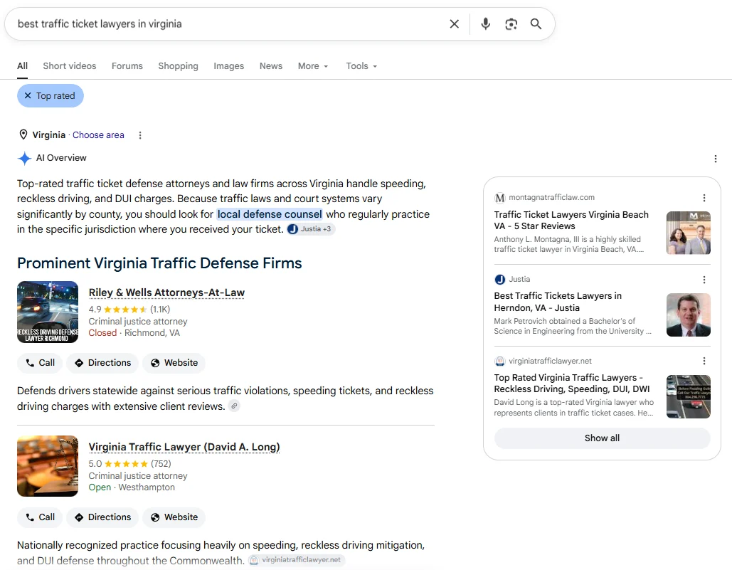 Google AI Overview for the search 'best traffic ticket lawyers in virginia', listing Virginia Traffic Lawyer David A. Long and citing virginiatrafficlawyer.net