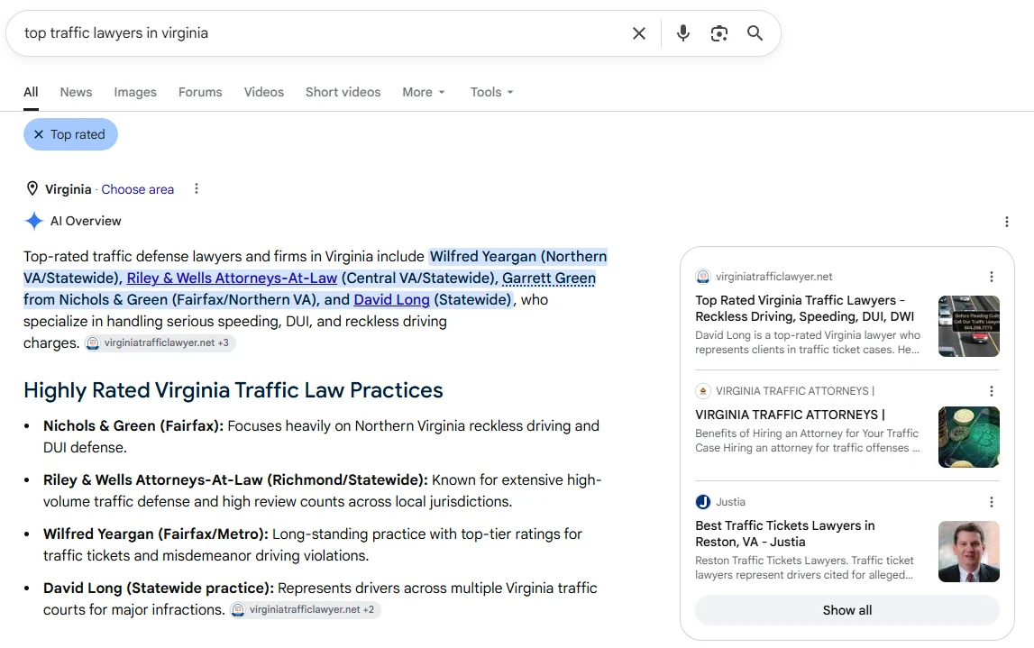 Google AI Overview for 'top traffic lawyers in virginia' naming David Long and citing virginiatrafficlawyer.net