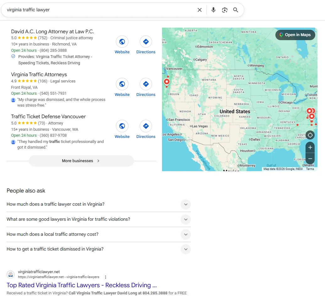 Google results for 'virginia traffic lawyer' showing David A.C. Long at the top of the map pack and virginiatrafficlawyer.net ranking organically below