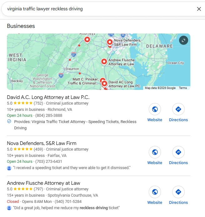 Google map pack for 'virginia traffic lawyer reckless driving' with David A.C. Long Attorney at Law P.C. at the top